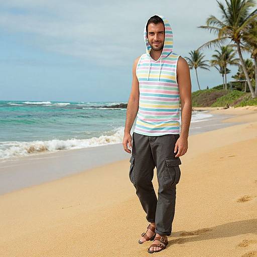 Photograph of a smiling man with short black hair, wearing a white, rainbow-striped sleeveless hoodie, black cargo pants, and sandals, standing on