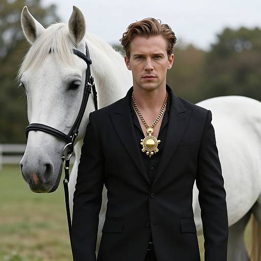 Photograph of a handsome, serious-looking man in a black suit and gold necklace standing beside a white horse in a grassy field.
