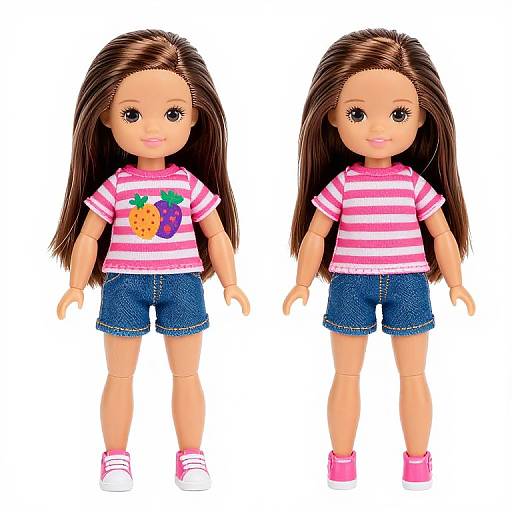 Photograph of two identical brown-haired dolls with long hair, wearing pink-striped shirts, colorful pineapple design, denim shorts, and pink shoes.