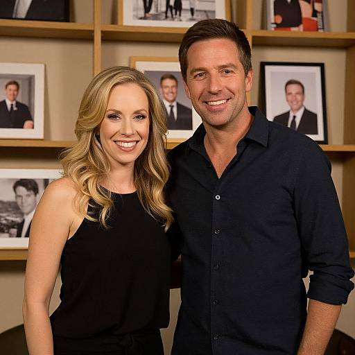 Photograph of smiling blonde woman in black sleeveless top and smiling dark-haired man in black button-up shirt, standing in front of framed black-and-white