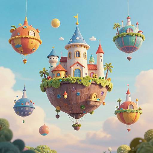 Whimsical digital illustration of colorful floating castle houses with pointed roofs, surrounded by greenery, balloons, and a bright blue sky.