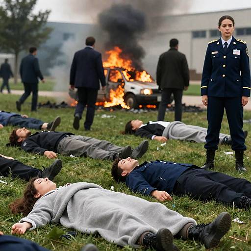 Chaotic Scene with Burning Car and Military Officer