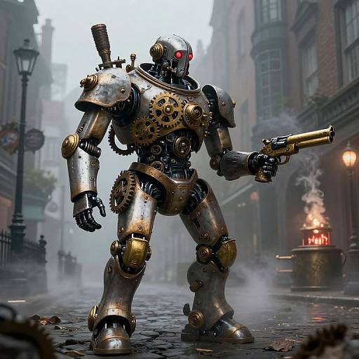 Photorealistic CGI of a steampunk robot with red eyes, holding a gold gun, standing on a foggy, wet, cobblestone