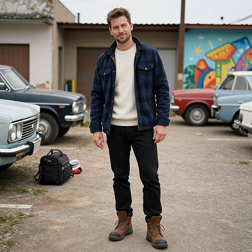Photograph of a bearded man with short brown hair, wearing a dark blue denim jacket, white sweater, black pants, and brown boots, standing