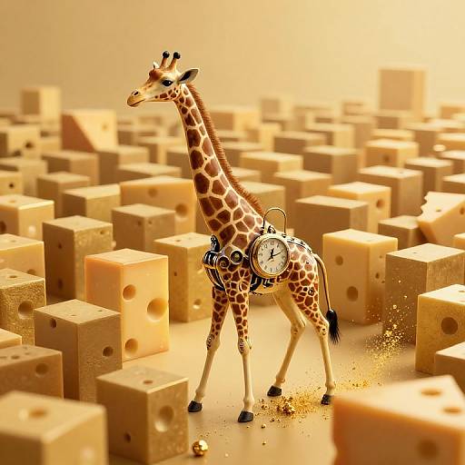 Photograph of a giraffe figurine with a clock on its back, standing among scattered, golden-yellow cheese cubes. Warm, glowing light.