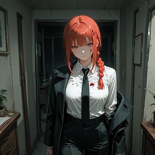 Anime Woman in Business Suit with Blood Stains