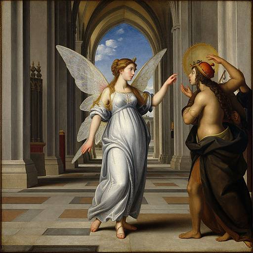 Digital painting of a fair-skinned angel in a silver dress with transparent wings, interacting with a muscular, brown-skinned, haloed man in a