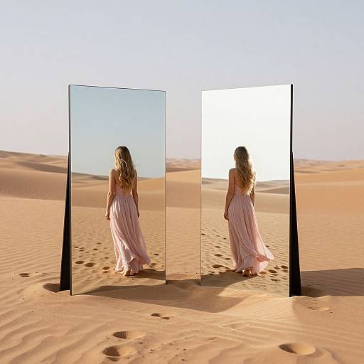 Photograph of a woman with long blonde hair in a flowing pink dress standing in a desert, facing two large mirrored panels. Bright sunlight reflects off the
