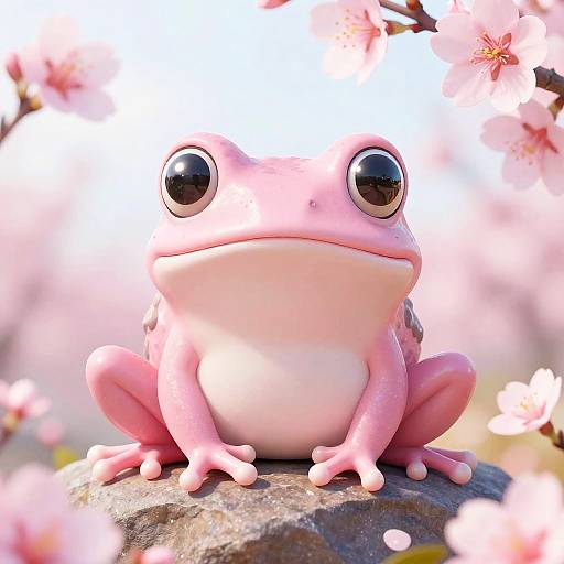 Digital illustration of a cute, pink frog with large, round eyes sitting on a rock surrounded by blooming cherry blossoms.