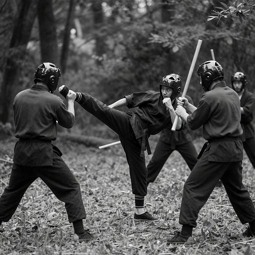 Black-and-White Forest Martial Arts Match