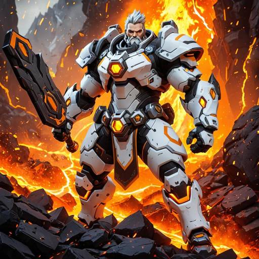 Futuristic Armored Warrior in Fiery Volcanic Landscape