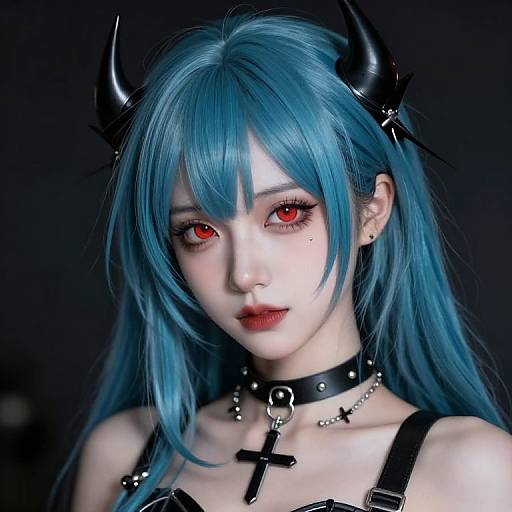 Photograph-style digital artwork of a pale-skinned, blue-haired woman with red eyes, black devil horns, red lipstick, and gothic attire,