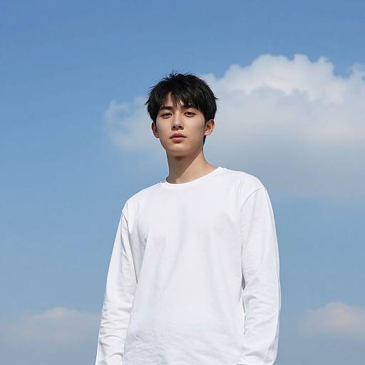 Photograph of an East Asian teenage boy with messy black hair, wearing a plain white long-sleeve shirt, standing against a clear blue sky with