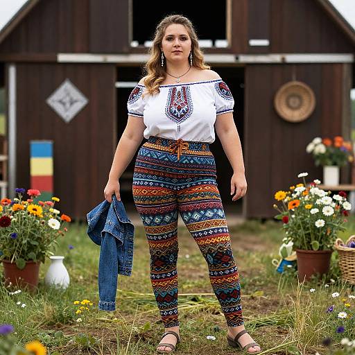 Photograph of a curvy, fair-skinned woman with wavy brown hair, wearing a white off-shoulder top and colorful, patterned