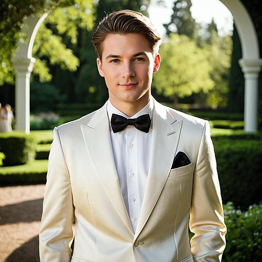 Young Man in Light Beige Satin Suit
