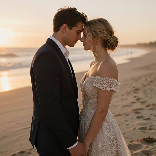 Photograph of a couple standing on a beach at sunset, gazing into each other's eyes. He wears a black suit, she wears an off