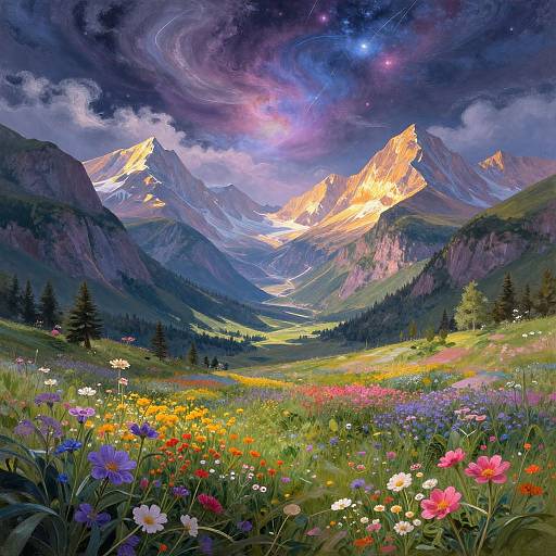 Vibrant digital painting of a mountainous valley with colorful wildflowers, towering peaks, a starry, swirling galaxy sky, and a winding river