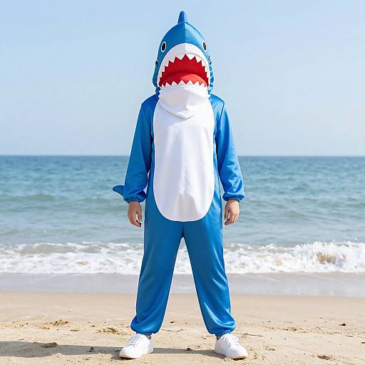 Photograph of a person standing on a beach, dressed in a blue shark costume with a white belly and red mouth, facing the ocean under a clear