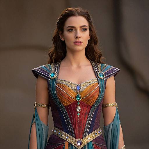 Photograph of a woman with wavy brown hair, wearing an elaborate, colorful, and jewel-embellished fantasy dress with shoulder pads, against