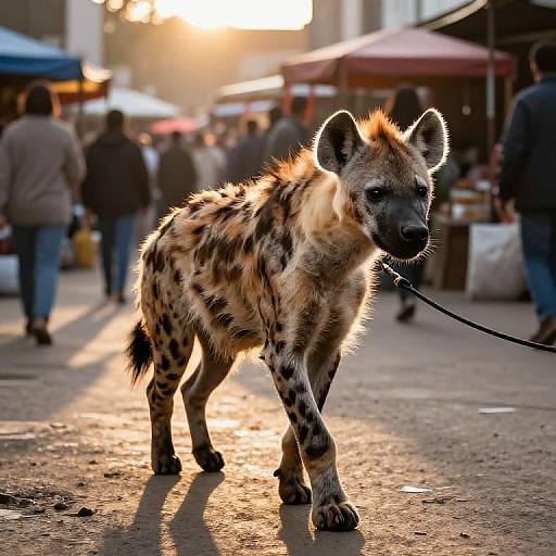 Photograph of a spotted hyena with golden sunlight backlight, walking on a bustling street market, leash in hand, people blurred in background.