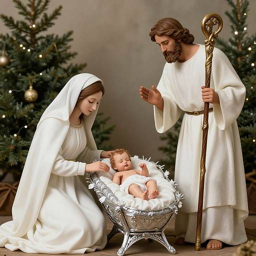 Photograph-style image of a nativity scene with a bearded Jesus, a veiled Mary, and baby Jesus in a silver cradle, surrounded