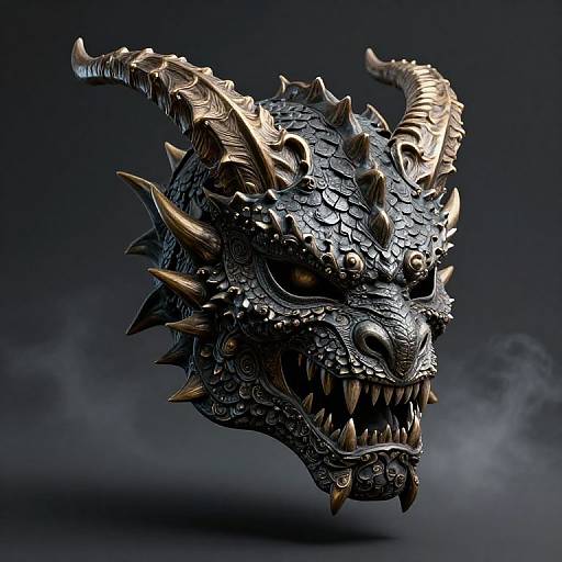 CGI digital art of a fearsome, metallic, dragon head with large gold horns, sharp spikes, and glowing yellow eyes, floating against a dark