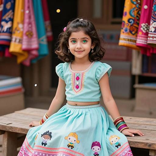 Photograph of a young South Asian girl with dark curly hair, green eyes, wearing a light blue embroidered dress, sitting on a wooden bench, surrounded