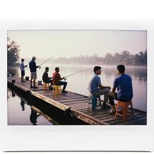 Photograph of six men fishing on a misty wooden dock, seated on colorful stools, casting lines into a calm lake.