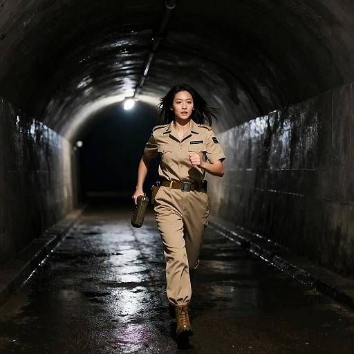 Courageous Woman Escaping Dark Tunnel