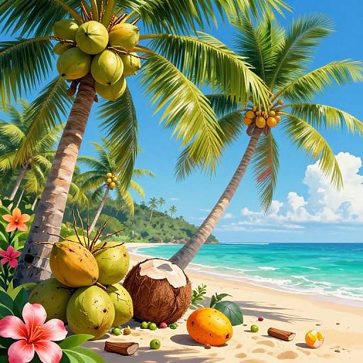 Vibrant tropical beach scene with coconut trees, ripe coconuts, and fruit on the sandy shore, clear turquoise water, and a bright blue