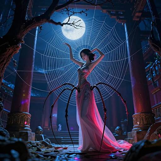Digital art of a spider-woman in a flowing white gown, arms raised, standing under a full moon in a dark, eerie, web-filled,