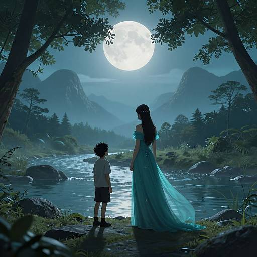 Digital illustration of a woman in a flowing teal dress and a boy standing by a moonlit river, surrounded by trees and mountains. Full moon shines brightly