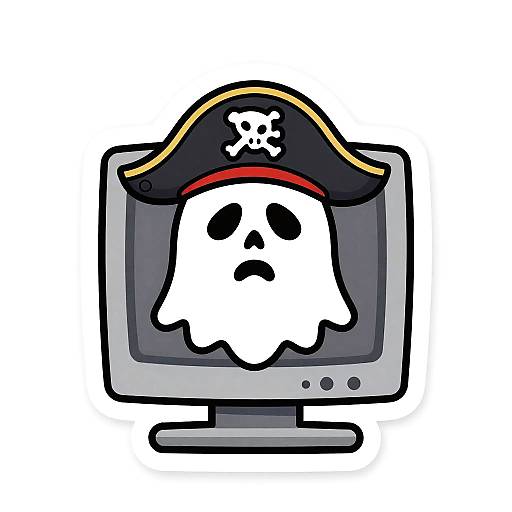 Cartoon-style drawing of a ghost wearing a pirate hat with a skull and crossbones, displayed on a grey computer monitor.