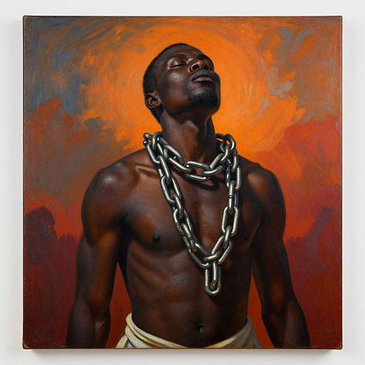 Photorealistic painting of a muscular, dark-skinned Black man with a large silver chain necklace, eyes closed, head tilted back, against a fiery