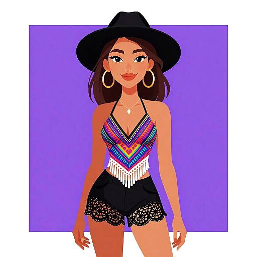 Digital illustration of a smiling Latina woman with tan skin, wearing a black hat, colorful patterned halter top, black lace shorts, and large hoop