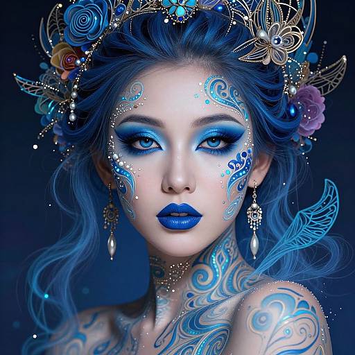 Digital portrait of a blue-haired woman with intricate blue tattoos, wearing butterfly and flower headpiece, blue makeup, and dangling earrings.