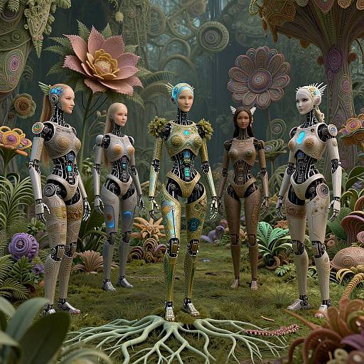 Digital art: Four female androids with intricate, glowing circuits stand in a surreal, vibrant forest with oversized flowers and twisting plants.