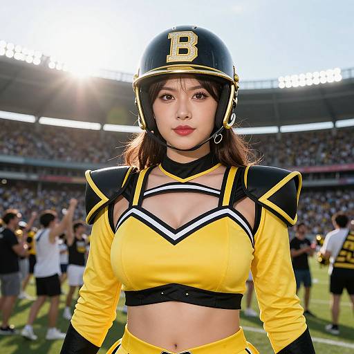 Photograph of an Asian woman in a yellow and black football cheerleader uniform with a 
