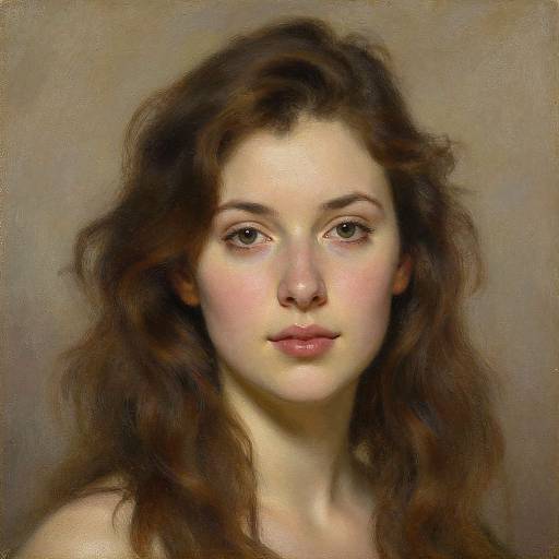 Digital painting of a young woman with fair skin, brown wavy hair, and soft brown eyes, set against a neutral beige background. Realistic,