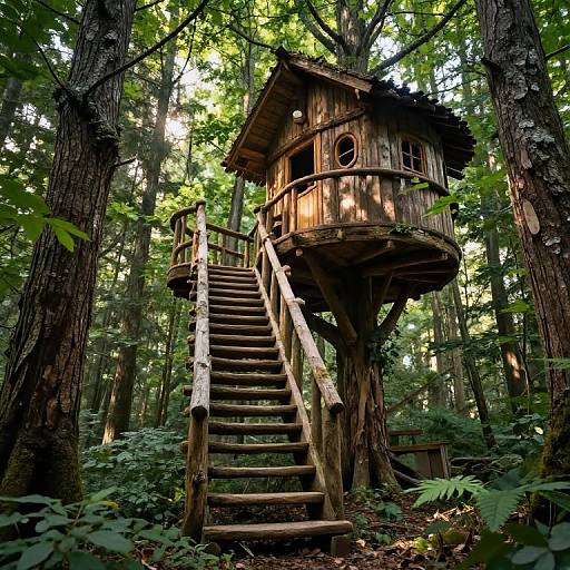 Photograph of a rustic wooden treehouse with a spiral staircase, nestled in a dense, sunlit forest with tall trees and lush greenery.