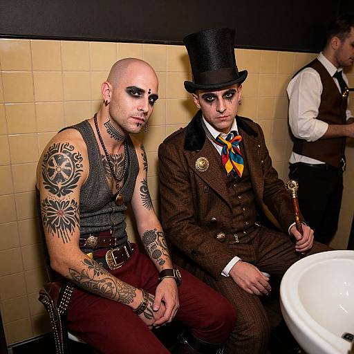 Photograph of a tattooed bald man in a gray tank top and a top-hatted man in a brown Victorian suit sitting in a tiled bathroom.