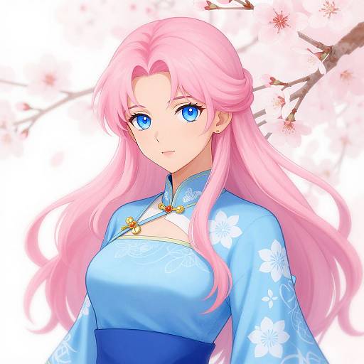 Anime Woman in Blue Floral Dress