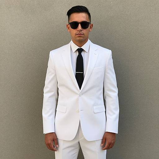 Photograph of a confident man with short black hair, wearing black sunglasses, a white suit, black tie, and standing against a plain gray wall.