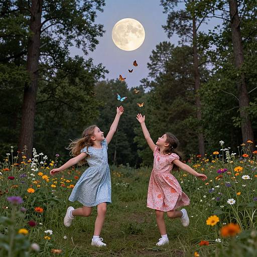 Two girls in dresses, one blue, one pink, jump towards a full moon, surrounded by butterflies and colorful wildflowers, in a forest clearing.