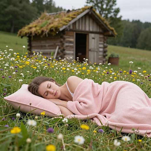 Photograph of a sleeping woman with closed eyes, wrapped in a pink blanket, in a meadow with wildflowers and a rustic wooden hut in the