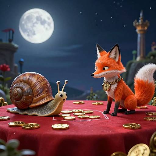 Digital illustration of a curious red fox with a gold necklace facing a large snail with a spiral shell on a red tablecloth under a bright full moon