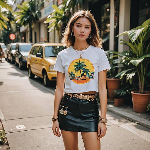 Trendy Teen Woman in Cropped Tee and Leather Mini Skirt