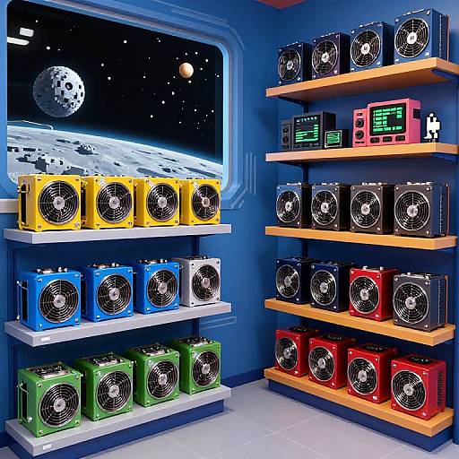 Photograph of a futuristic space-themed room with blue walls, shelves of colorful, boxy speakers, and a window showing a moon and stars.