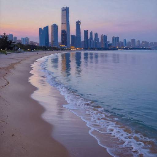Photograph of a cityscape at dusk, featuring a curved sandy beach with gentle waves, reflecting skyscrapers illuminated against a pastel pink and blue