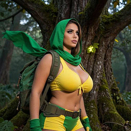 Photograph of a curvy woman with large breasts, wearing a green hood, yellow crop top, and green-yellow pants, standing in a forest.